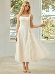 MOTF PREMIUM 女士优雅纯色方领收腰长连衣裙 - 杏色 - 查看 4