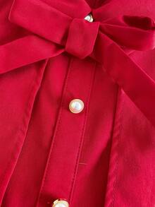 SHEIN Vestido elegante de niña con capa de vuelo con detalle de lazo y bajo plisado de unicolor - Rosa Fucsia - Ver 10