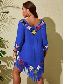 Swim Lushoire Plus Size Pullover Hooded Fringe Patchwork Loose Mid-Sleeve Cover Up - Blue - View 2