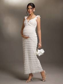 Cheriluna Maternity 孕妇写真礼服，带荷叶边和飘逸袖子 - 白色 - 查看 1