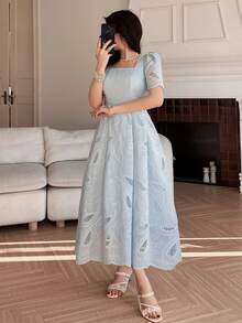 DAZY 女士优雅印花方领泡泡袖中长连衣裙，夏季 - 藍色 - 查看 7