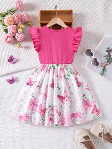 Emery Rose Kids Emery Rose Kids Vestido casual de verano con estampado floral, mangas con volantes y lazo para niña - Rosa Fucsia - Ver 4