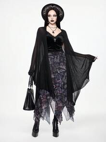 ROMWE Goth Áo khoác cardigan dệt kim mỏng cổ điển tay cánh dơi tối màu viền bất đối xứng - màu đen - Xem 8