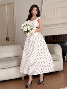 DAZY 女士甜心领波点印花系带腰身优雅中长连衣裙婚礼宾客礼服 - 米色 - 查看 7