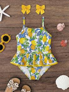 SHEIN 1pc Young Girl Cute Lemon Print One-Piece Swimwear, Fashionable Casual Elegant Lady Suitable For Swimming, Vacation, Summer - Yellow - View 5
