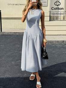 Siren Gaze 女士条纹无袖中长连衣裙 舒适夏季A字摆裙 时尚女士白蓝条纹无袖长裙 浅蓝色长裙 条纹长裙 夏季优雅连衣裙 休闲长裙 - 藍白色 - 查看 3