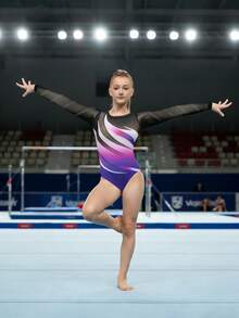 Maillot de niña preadolescente con estampado degradado de malla, decoración con rhinestones brillantes, manga larga, ropa de moda para baile, patinaje artístico, yoga, gimnasia, para todas las estaciones - Multicolor - Ver 4