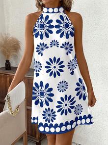 SHEIN Clasi Đầm ngắn cổ yếm in hoa dành cho nữ, kiểu dáng đi nghỉ mát. - Xanh và trắng - Xem 5