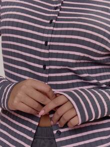 MUSERA Stripe Button Through Long Sleeve Top Cute Cosy Spring Everyday Sugar Swizzle - Multicolor - View 2