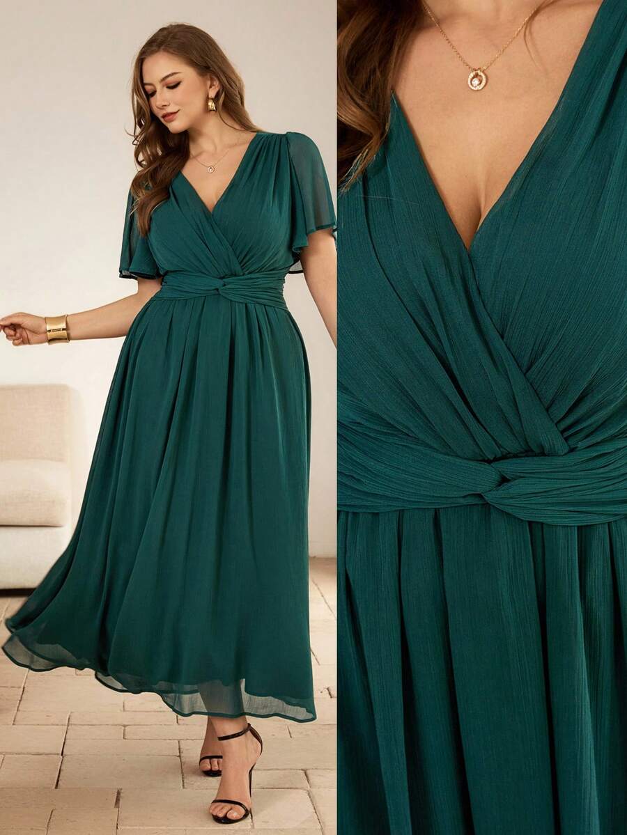Roveilla Plus Size Elegant Dark Green Long Dress With V Neck Flounce Short Sleeve And Flared Hem - Dark Green - View 1