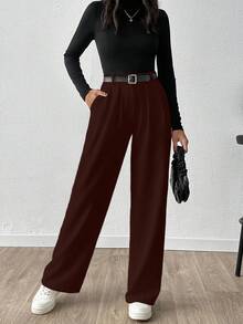 EURMUSE Women Solid Color Extra Wide Leg Pants - Brown - View 5