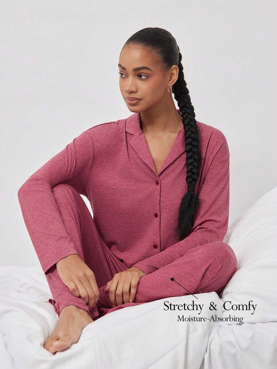 Ocili Bộ đồ ngủ in hoa mềm mại có cổ, gồm áo dài tay và quần dài dành cho nữ. - Đỏ - Xem 1