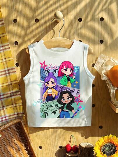 SHEIN Back To School, Cartoon Girl, Vibrant Purple, K-Pop Superstars , Chill Chill, Spring Vibes, Young Girl Casual Minimalist Cartoon Pattern Round Neck Camisole, Suitable For Summer