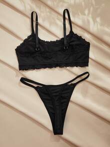 Charlaine French Lace Patchwork Seamless Women's Bra And Panty Set - Black - View 2