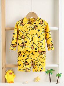 SHEIN 男女通用婴儿可爱小鸭图案长袖防晒泳衣，浮力泳衣，防晒泳装，适合游泳、海滩和度假 - 黃色 - 查看 1