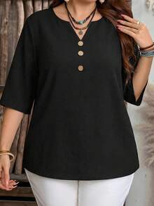 EMERY ROSE Plus Size Women Black Solid Color Casual Shirt, Suitable For Summer, Casual Tops, Suitable For Outings, Commuting, Vacation Plus Size Black Shirt Plus Size Casual Tops Black Work Top - Black - View 6