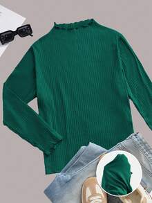 SHEIN EZwear 女式加大码橄榄绿罗纹长袖T恤，简约秋季 - 墨綠色 - 查看 6