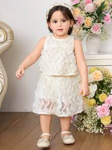 Baby Girl Elegant Round Neck Sleeveless Top And Skirt Set - Apricot - View 3