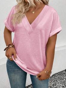Selamara Plus Size V-Neck Cuffed Sleeve Solid Color T-Shirt, Summer - Pink - View 3