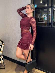 Bethéva Vestido mini de mujer para otoño/invierno, vestido de manga larga, vestido elegante y romántico de encaje vintage en color vino tinto con parches, sexy y elegante - Burdeos - Ver 6