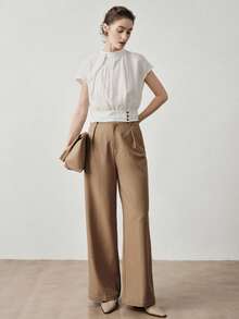 Aalyst 女士春夏休闲装，优雅时尚亚麻扭领收腰短袖衬衫，白色 - 白色 - 查看 4