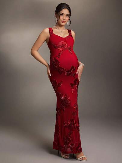 Cheriluna Maternity 孕妇写真美人鱼连衣裙，酒红色，修身剪裁，奢华刺绣，优雅迷人，适合婚礼、派对、宴会、海滩、夜生活、约会、秋季、情人节、圣诞节等各种场合。酒红色连衣裙，深红色连衣裙。