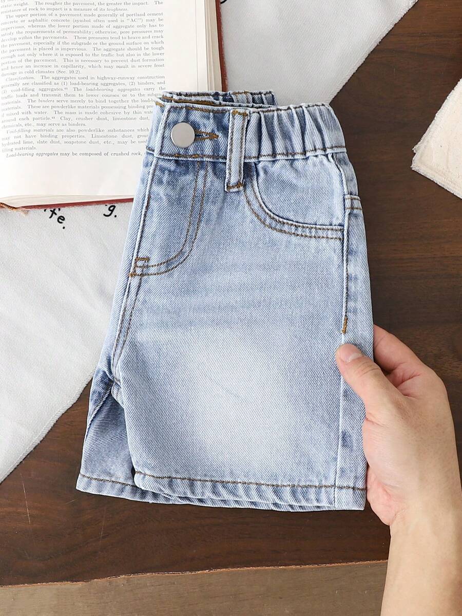 SHEIN Toddler Boys' Casual Versatile Washed Blue Multi-Pocket Denim Cargo Shorts - Light Wash - View 1