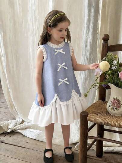 SHEIN Young Girl' Jacquard Fabric Bow Decor Fashion Dress
