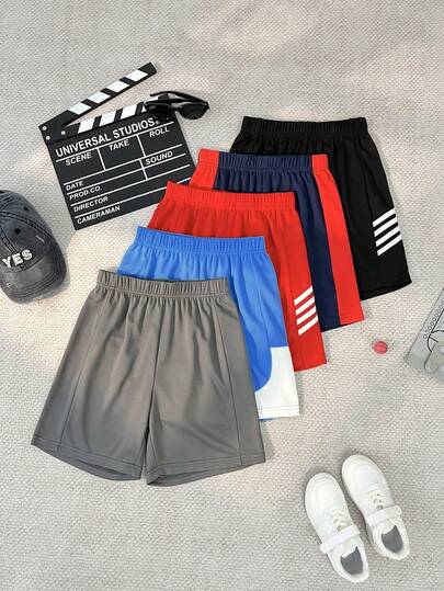 SHEIN 4pcs/Set Boy's Casual Sports Mesh Patchwork Shorts, Gray + Navy Blue + Sky Blue + Black, Suitable For Daily Wear, School, Outings, Sports, Spring/Summer Getaway, Holiday, Travel, Relax, Sunbathing