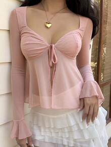 DAZY Spring/Summer Pink Blouse, Casual Vacation Beach Chiffon Crop Top With Front Tie, Fitted Waist, Flare Sleeves, Ruffle Hem, Sheer Lightweight Shirt For Women - Pink - View 2