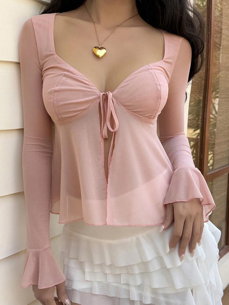 Spring/Summer Pink Blouse, Casual Vacation Beach Chiffon Crop Top With Front Tie, Fitted Waist, Flare Sleeves, Ruffle Hem, Sheer Lightweight Shirt For Women Long Sleeve Tops Women Y2k