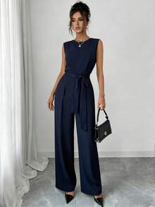 Gloray Women's Contrast Lace Sleeveless Wide Leg Casual Jumpsuit - Navy Blue - View 4