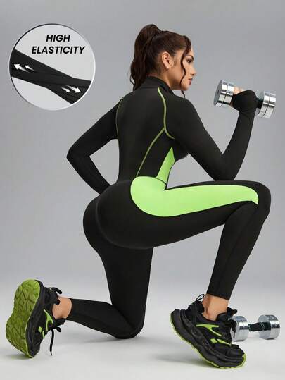 Innovista 女士时尚撞色弹力拉链半拉链长袖连体骑行服