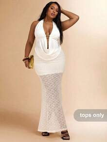 SHEIN BAE Plus Size Women Draped Neck Halter Ruched Metal Decor Sexy Elegant Tank Top, Summer Tops - White - View 4