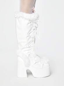 ROMWE Women's Autumn/Winter New High-Value Tall Boots, Round Toe Thick Heel Super High Heel Punk Sexy Furry Boots, Thick Sole High Heel Long Boots - White - View 4