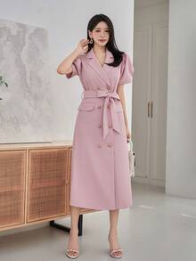 DAZY 女士优雅纯色连衣裙，翻领、泡泡袖、腰带设计，中长款婚礼宾客连衣裙，夏季长款连衣裙 - 粉色 - 查看 8