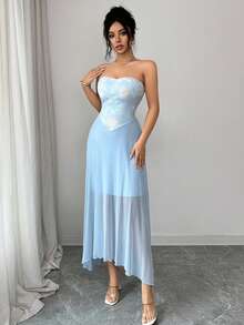 Modelyn 女士优雅刺绣网纱连衣裙，适合派对和聚会 - 藍色 - 查看 7