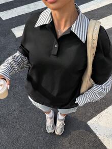 Muchica 女士黑色针织条纹拼接T恤 - 彩色 - 查看 5