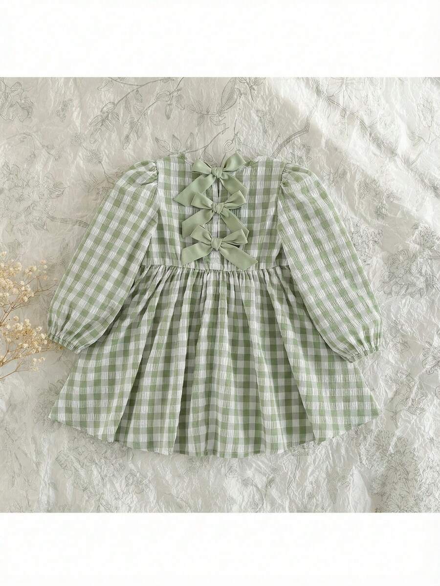Loomiva Baby Girl Colorblock Bow Plaid Round Neck Long Sleeve Waist Cinched Dress, Versatile & Comfortable, Baby Girl - Green - View 1