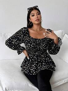 Vionelle 大尺碼全印花方領休閒波希米亞風襯衫，黑色，秋季，優雅，日常約會之夜波希米亞風，生日秋季 - 黑色 - 查看 3