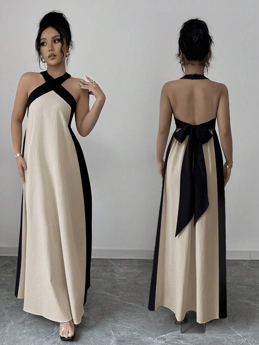 Elenzga Plus Size Women's Elegant Color Block Halter Backless Dress With Bow Tie, Summer - Khaki - View 1
