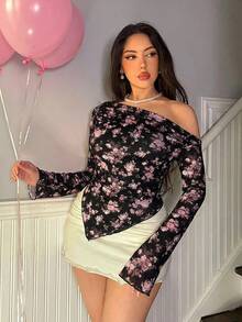 Firerie Áo thun dài tay nữ kiểu dáng thường ngày, vạt áo bất đối xứng, họa tiết hoa, vai lệch, thích hợp cho mùa thu. - màu đen - Xem 4