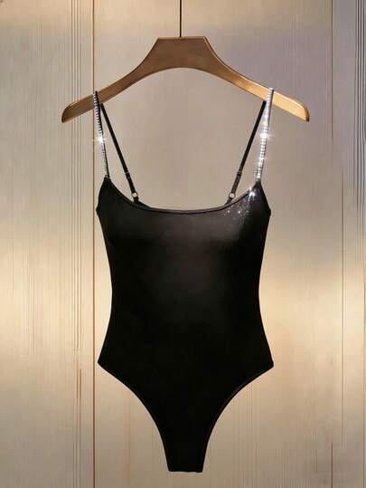 Franclia Casual Fashionable Women's Solid Color Rhinestone Decor Bodysuit