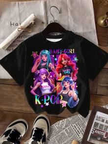 SHEIN 4件装少女卡通图案K-Pop巨星印花宽松圆领短袖T恤，适合春夏穿着 - 彩色 - 查看 6