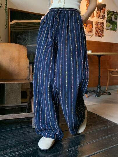 DAZY Contrast Striped Loose Wide Leg Pants, Elastic Waist Casual Holiday Trousers For Women, Spring/Summer