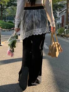 DAZY Women's Contrast Lace Elastic Waist Flare Pants, Casual Vacation Summer Trousers - Black - View 2