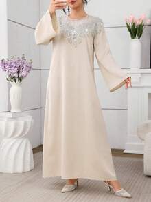 Al Najma Women's Elegant Apricot Long Sleeve Rhinestone Collar Floral Arabic Style Dress, Spring/Summer - Apricot - View 5