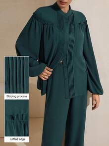 Graceveil 两件套：优雅橄榄绿荷叶边衬衫+裤子，时尚设计 - 墨綠色 - 查看 2