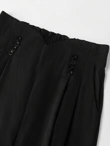 SHEIN Franclia 女士休闲日常办公通勤简约高腰褶裥纽扣装饰宽松阔腿西装裤 - 黑色 - 查看 6