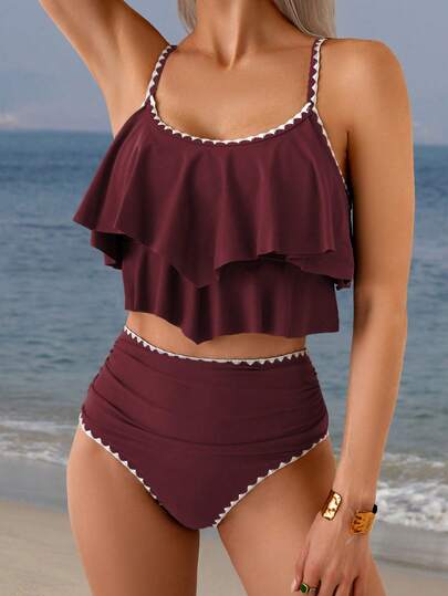 Swim Lushoire 2pcs Springbreak Ruched Contrast Color Trim High Waist Bikini Set, Pleated Waist For Beach Holiday